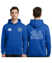Leavers Personalised Hoodie–Front Left Chest Embroidered School Logo, Initials Printed on Right Chest, Customised "26" Year in Graffiti Font Filled with Student Names on the Back: